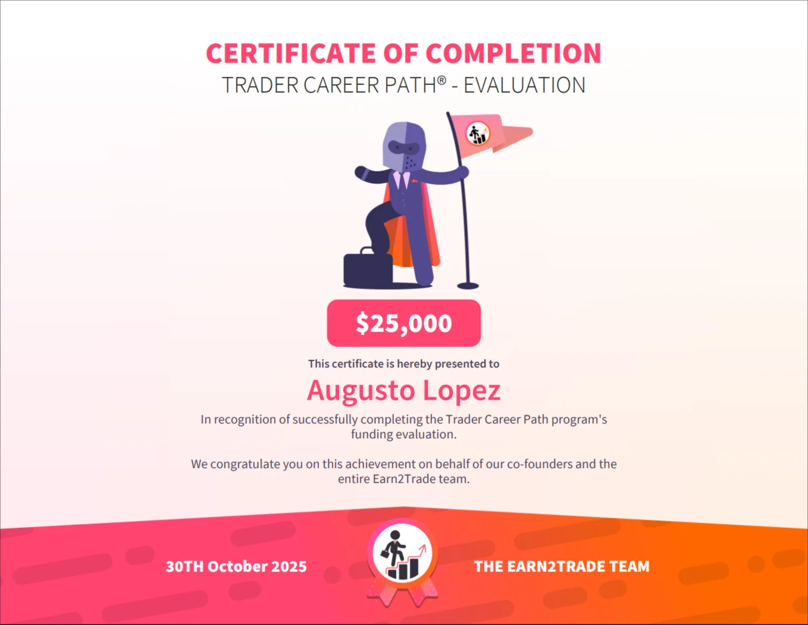 Certificado de evaluación de fondeo superada por un alumno de NW