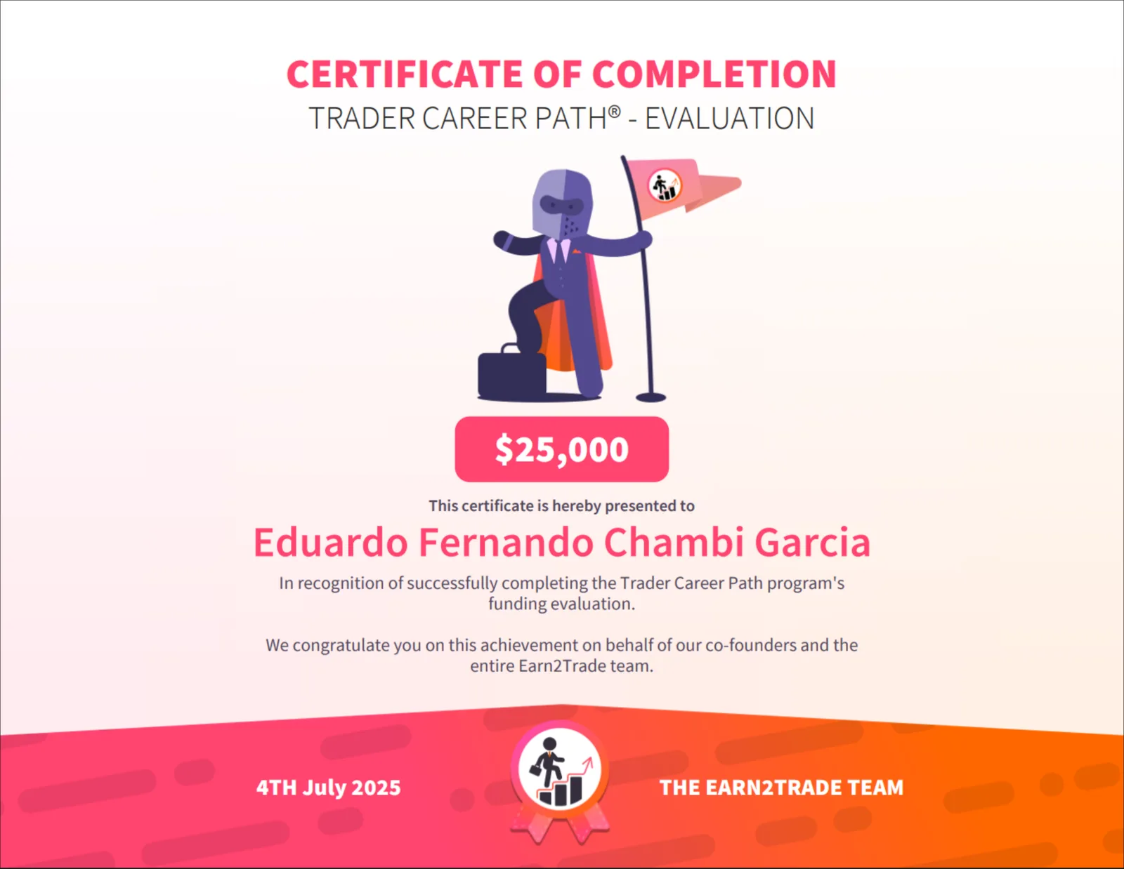 Certificado de evaluación de fondeo superada por un alumno de NW