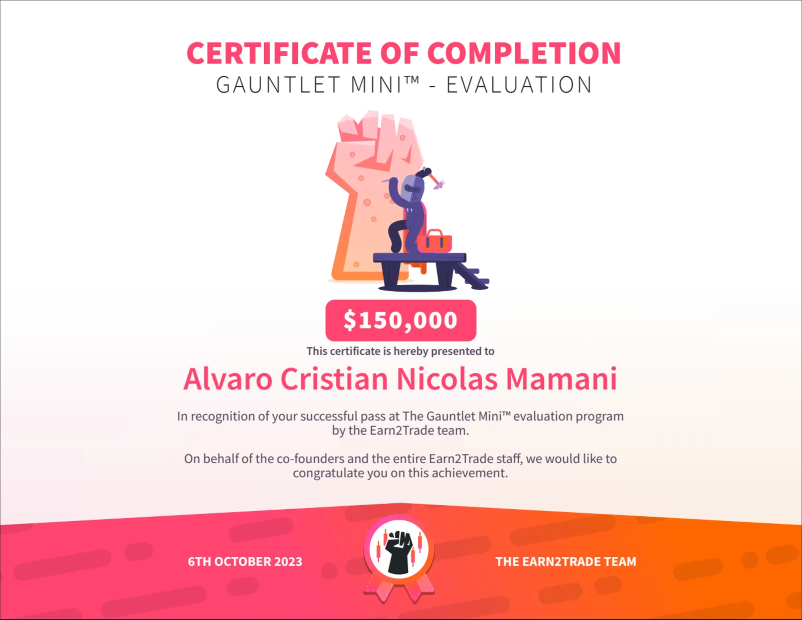 Certificado de evaluación de fondeo superada por un alumno de NW